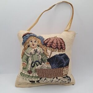 Vintage Tapestry Pillow Door Hanger Victorian Doll & Baby Carriage 5.5 inches